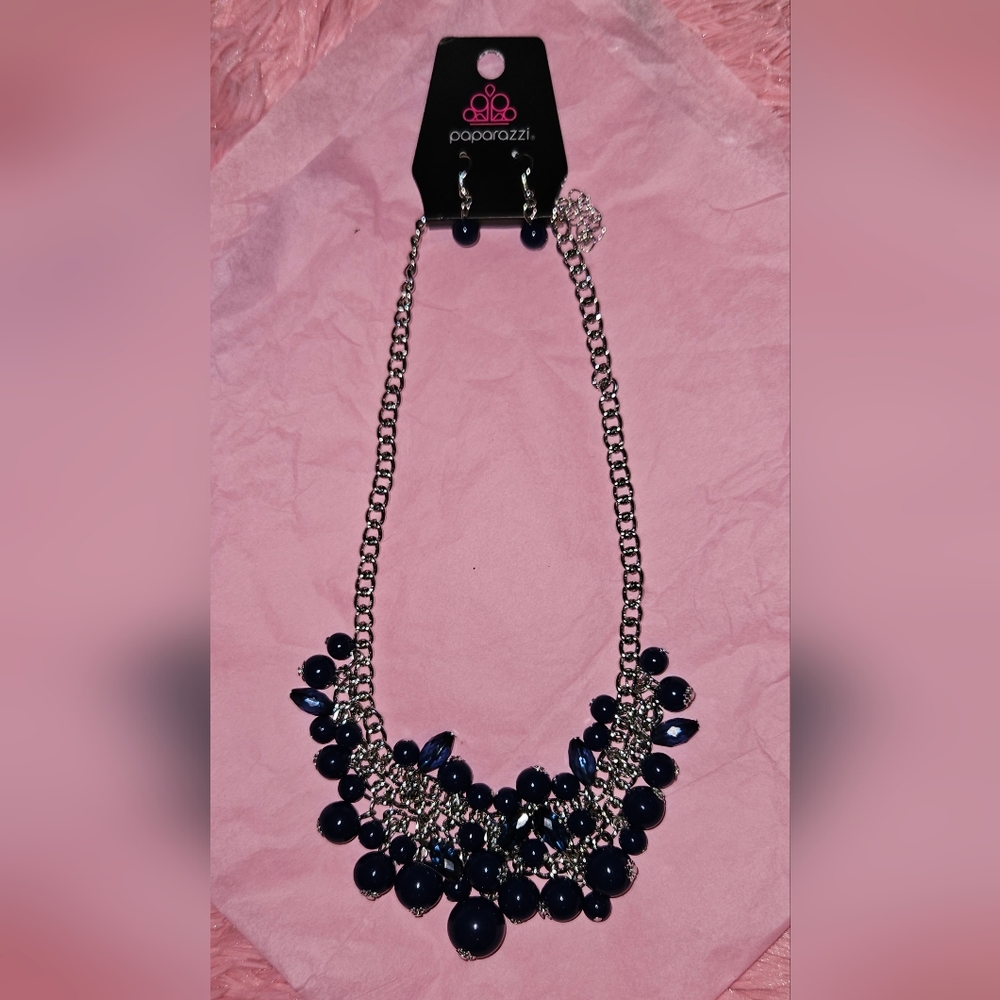Blue Bead Cluster Necklace and Earring Set